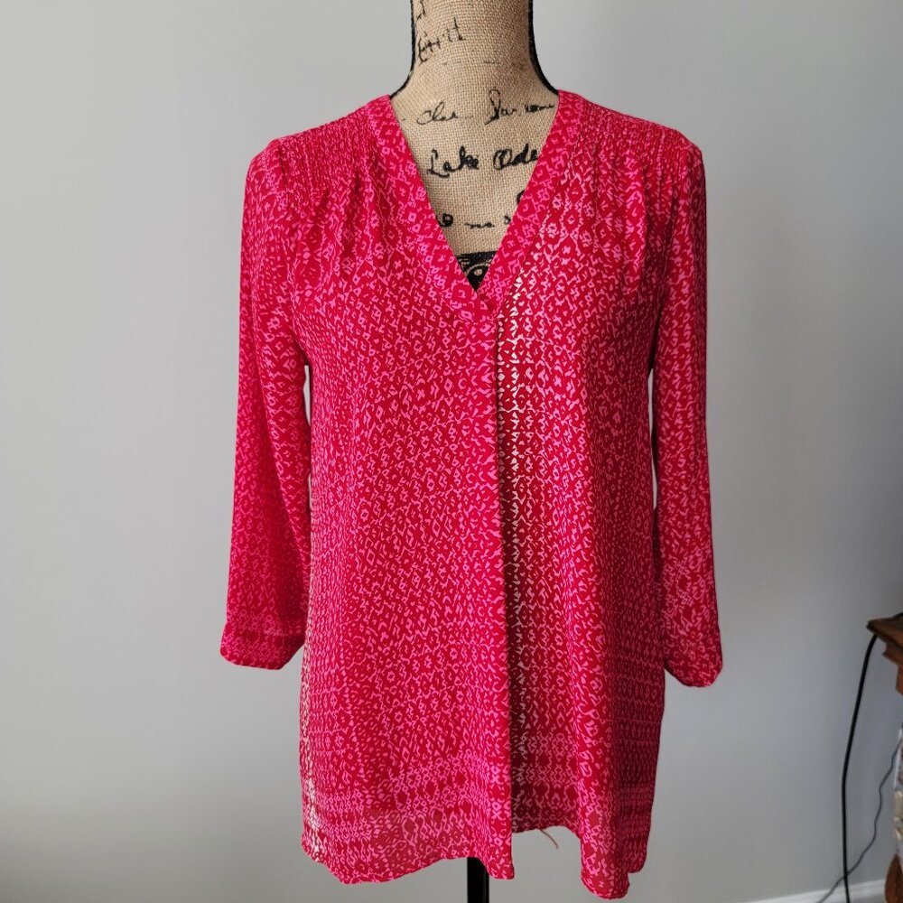 Women's a.n.a Silky Red Multi Pleated Smocked Semi- Sheer Lightweight Loose Fit